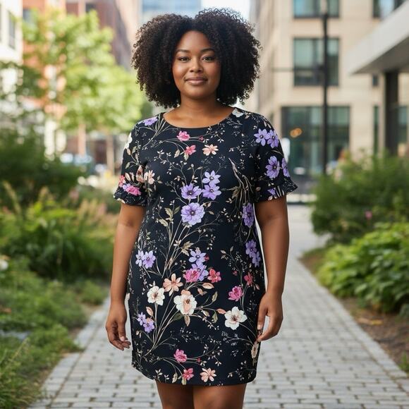 CALVIN KLEIN Black Floral Dress 22W Pink Purple Peach, Gold Zipper, Short Sleeve - Picture 1 of 10